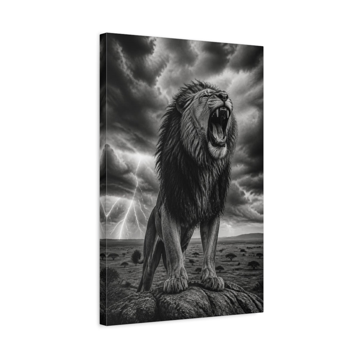 Side Mockup 3. Animals Roaring Lion In Storm shown as canvas print