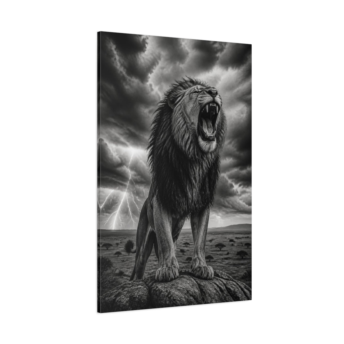 Side Mockup 1. Animals Roaring Lion In Storm shown as canvas print
