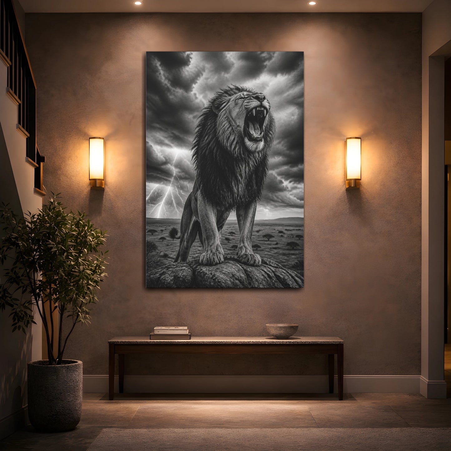Mockup 2. Animals Roaring Lion In Storm shown as canvas print