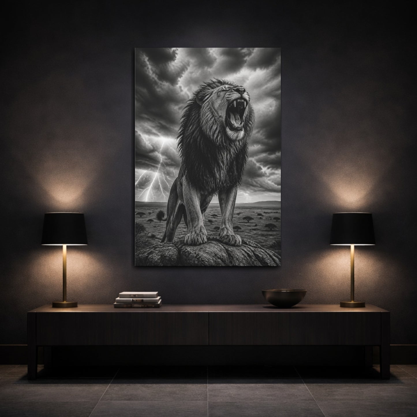 Mockup 3. Animals Roaring Lion In Storm shown as canvas print