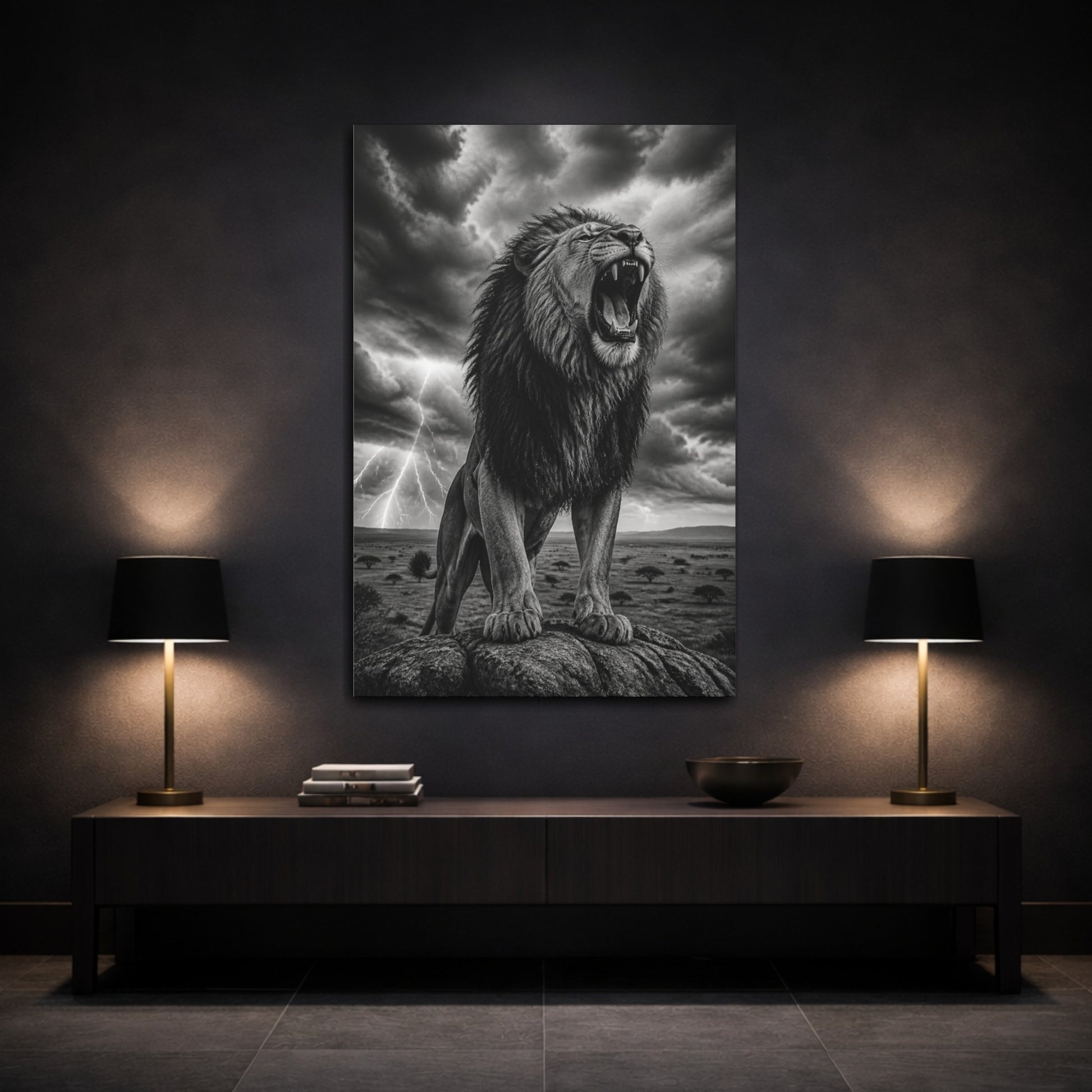 Mockup 3. Animals Roaring Lion In Storm shown as canvas print