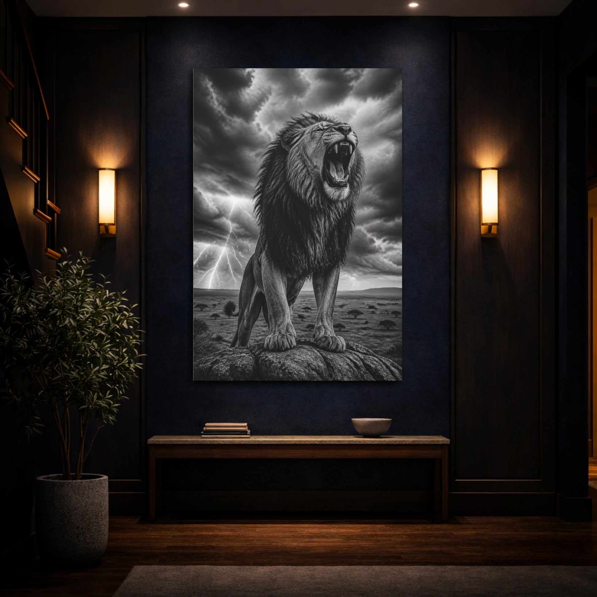 Mockup 4. Animals Roaring Lion In Storm shown as canvas print