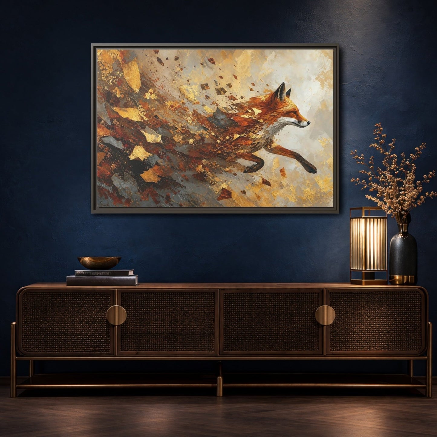 Animals Running Fox Gold Framed Canvas Print – Living Room, Above Sofa, and Orange - YesArtYes
