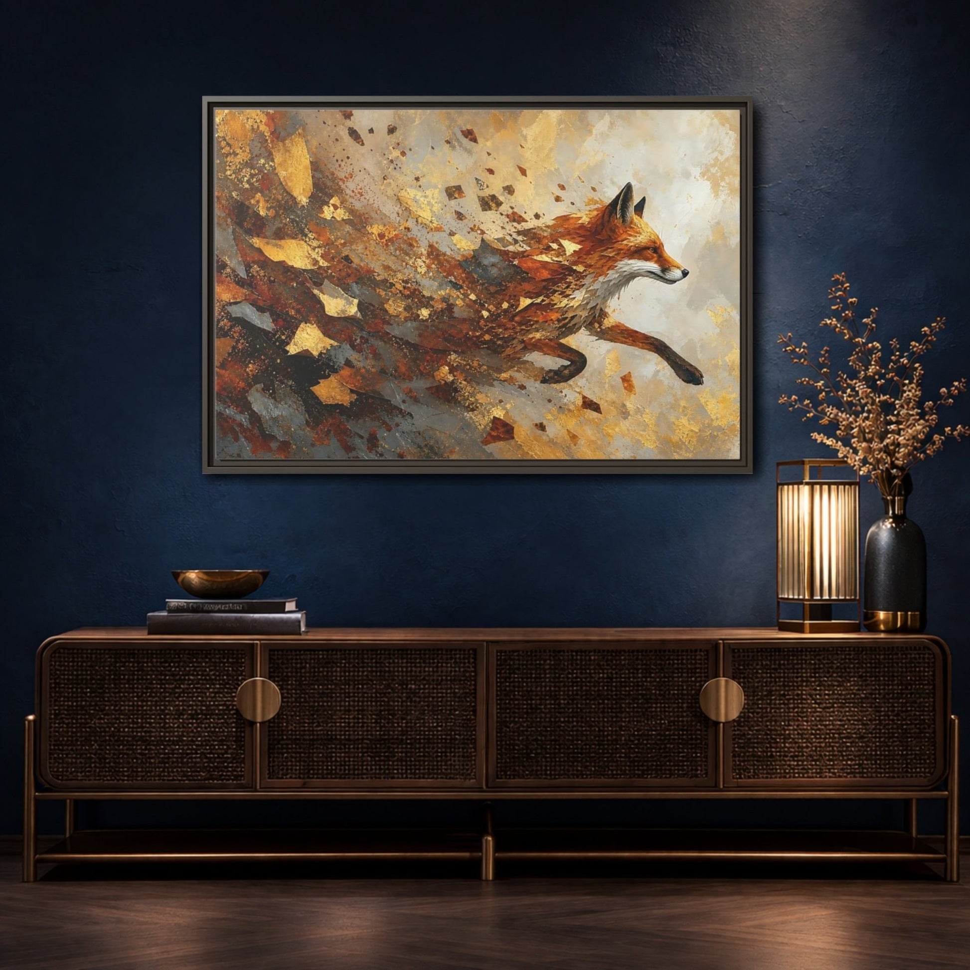 Animals Running Fox Gold Framed Canvas Print – Living Room, Above Sofa, and Orange - YesArtYes