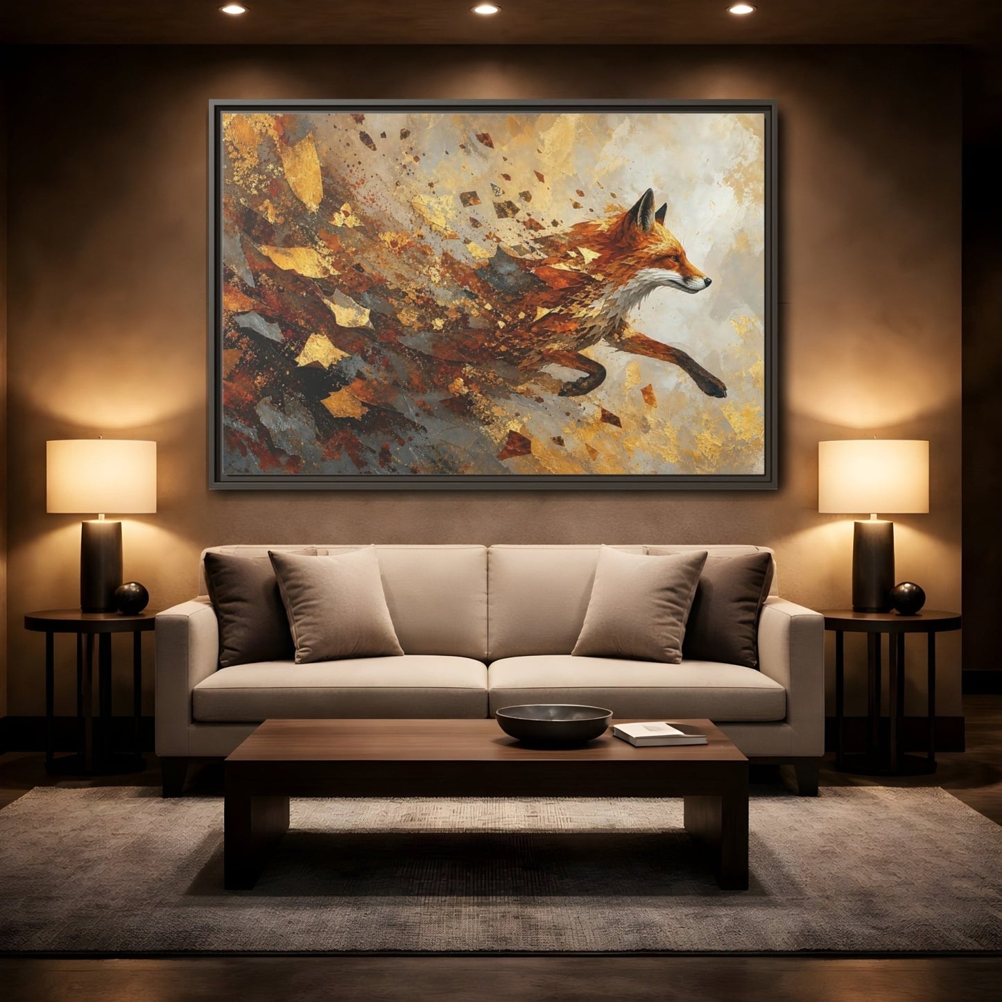 Animals Running Fox Gold Framed Canvas Print – Living Room, Above Sofa, and Orange - YesArtYes