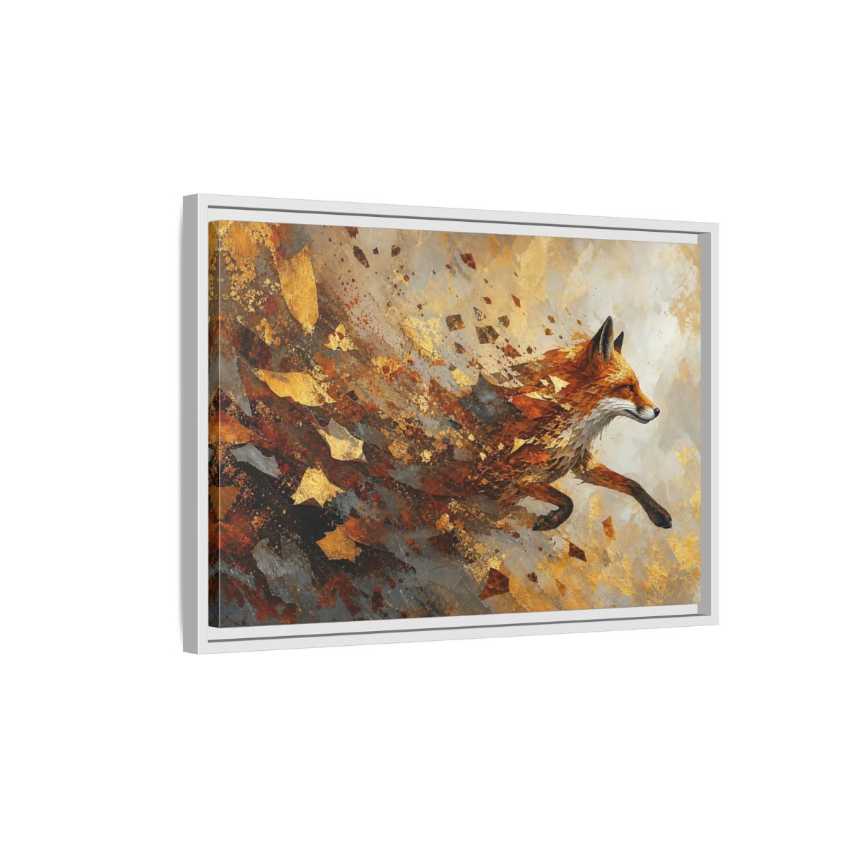 Side Mockup 1. Animals Running Fox Gold Fox shown as framed canvas print