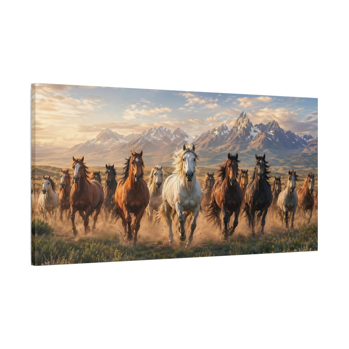 Main Mockup. Animals Running Horses Brown And Gold shown as stretched canvas wall art