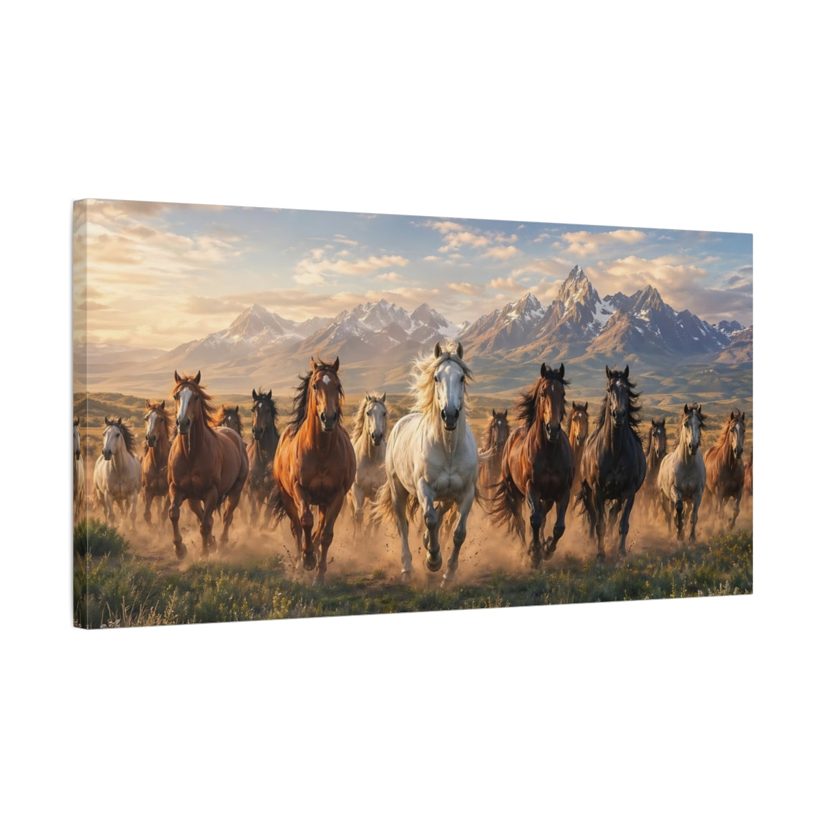 Side Mockup 1. Animals Running Horses Brown And Gold shown as stretched canvas wall art