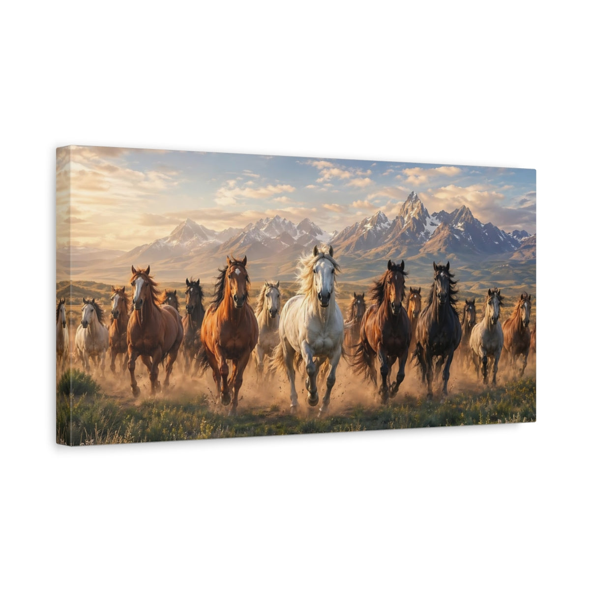 Side Mockup 3. Animals Running Horses Brown And Gold shown as stretched canvas wall art