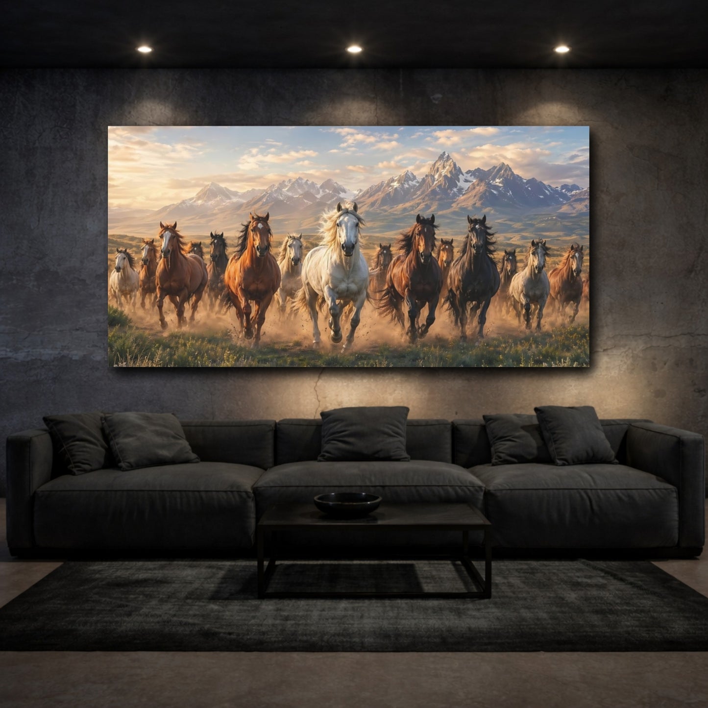 Mockup 2. Animals Running Horses Brown And Gold shown as stretched canvas wall art