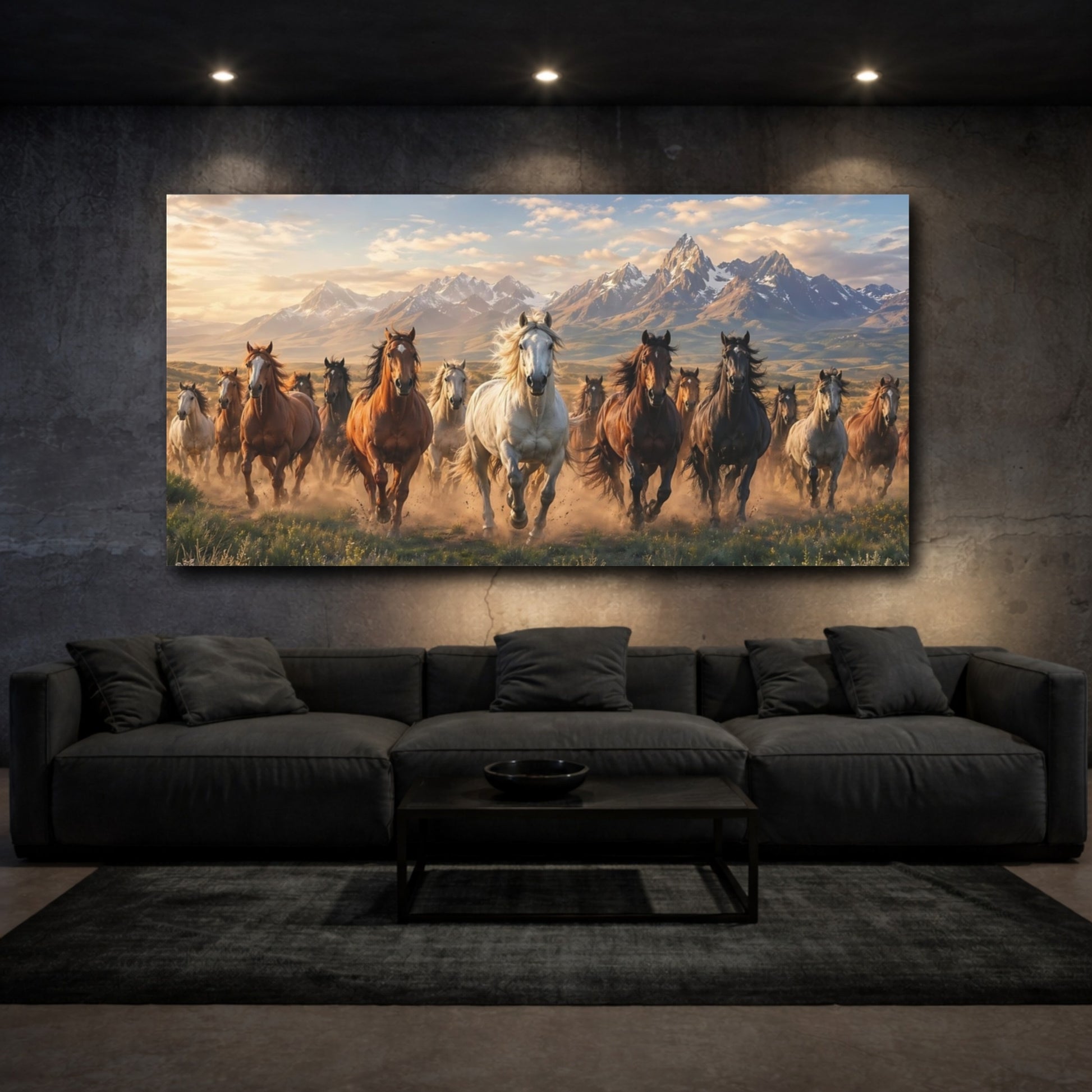 Mockup 2. Animals Running Horses Brown And Gold shown as stretched canvas wall art