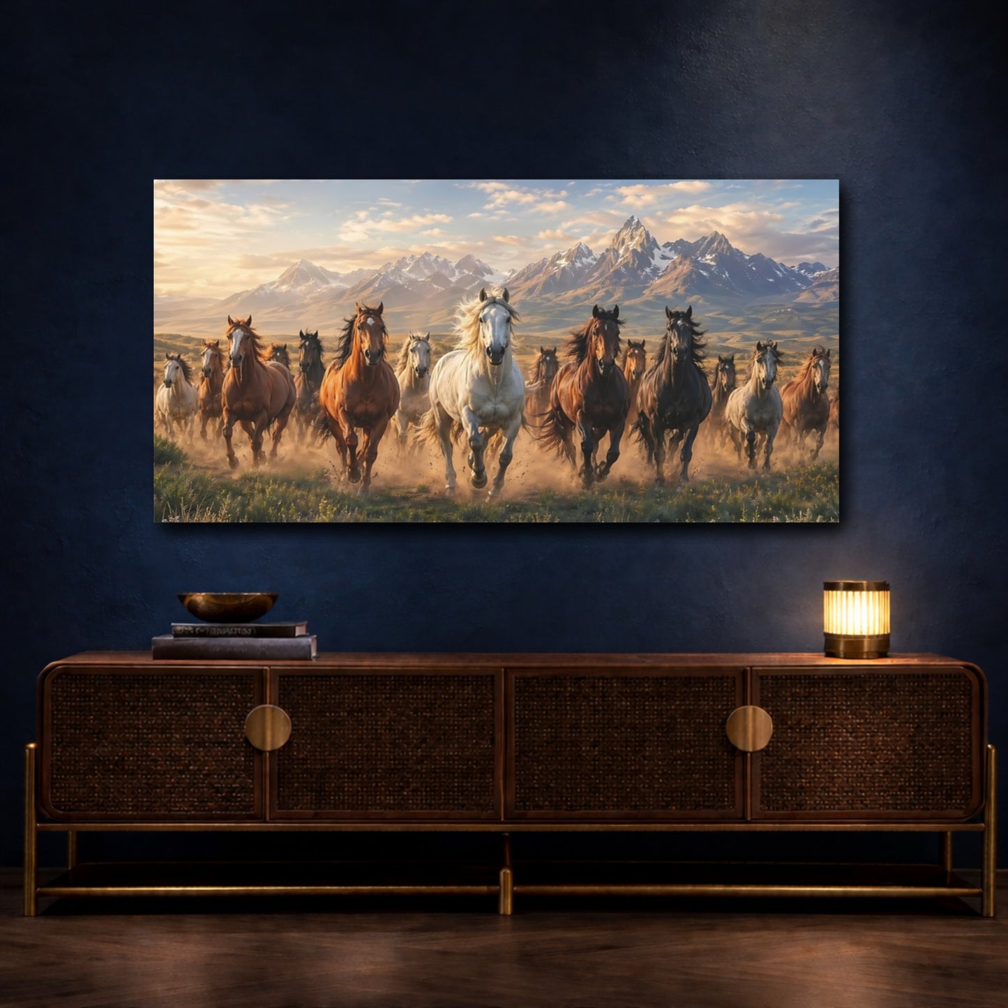 Mockup 3. Animals Running Horses Brown And Gold shown as stretched canvas wall art