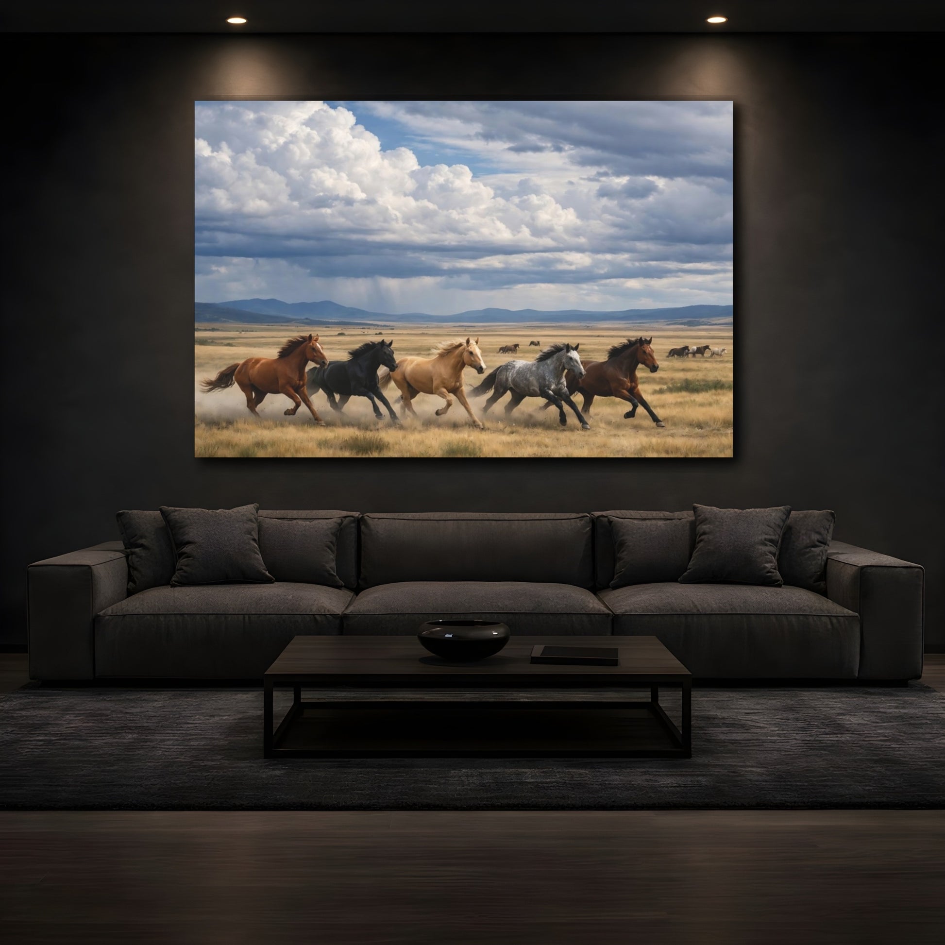 Mockup 2. Animals Running Horses Running Horses shown as stretched canvas wall art