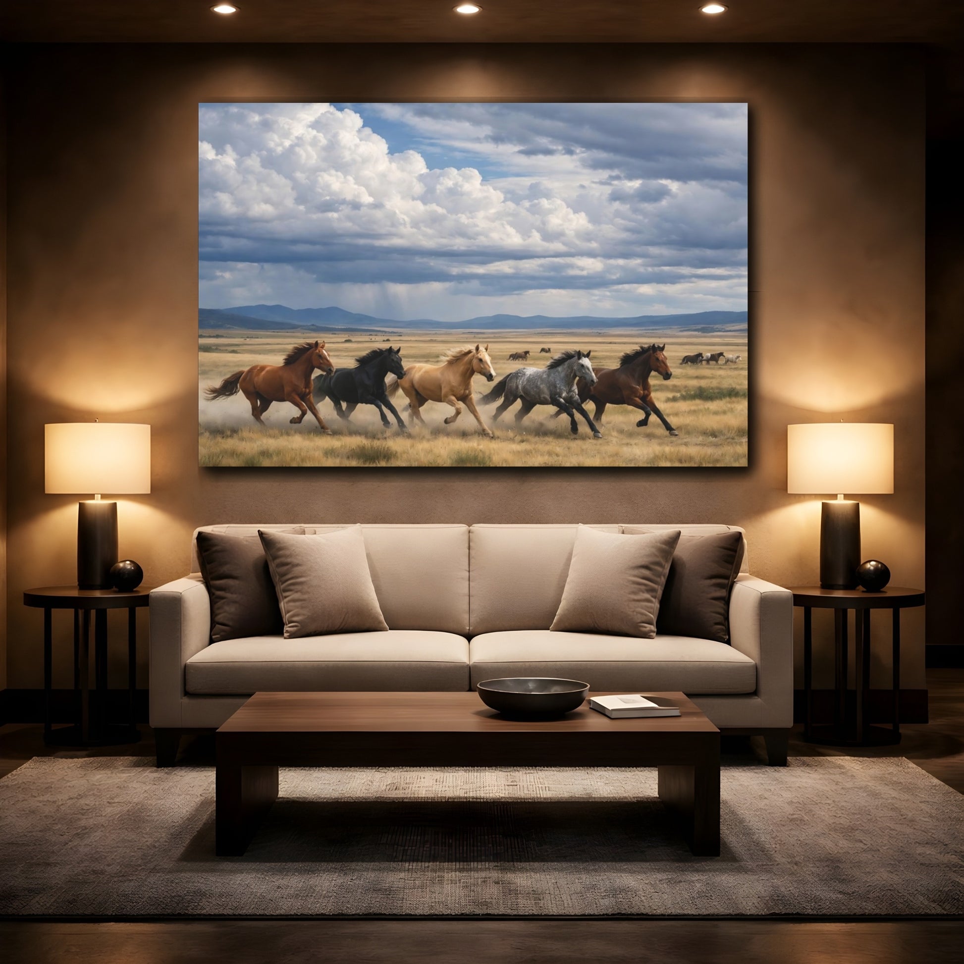 Mockup 3. Animals Running Horses Running Horses shown as stretched canvas wall art