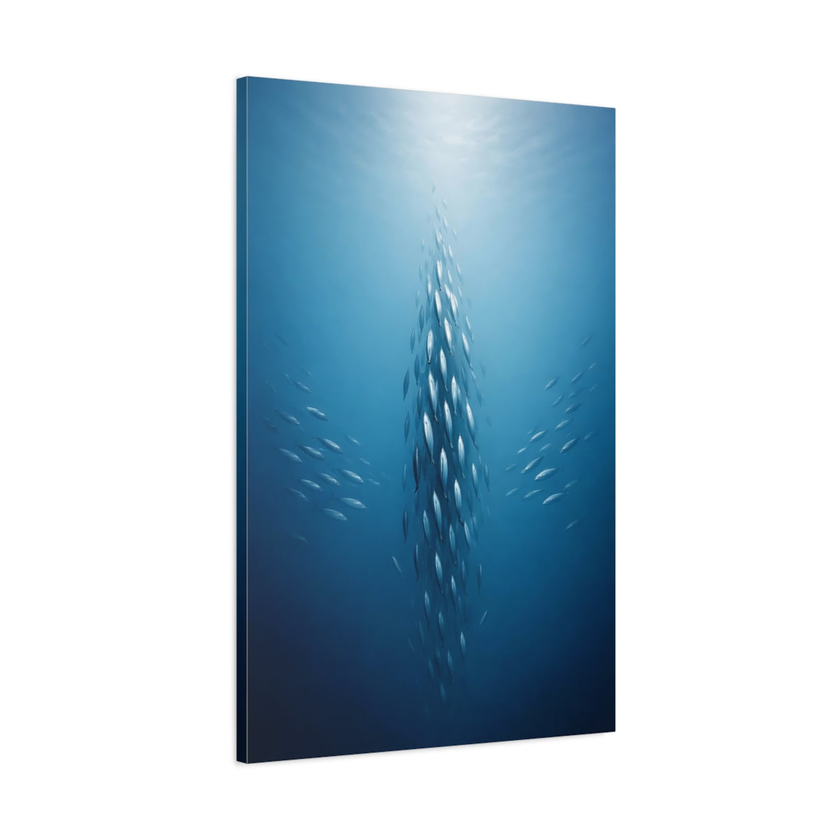 Side Mockup 1. Animals School Of Fish Blue Fish School shown as stretched canvas wall art