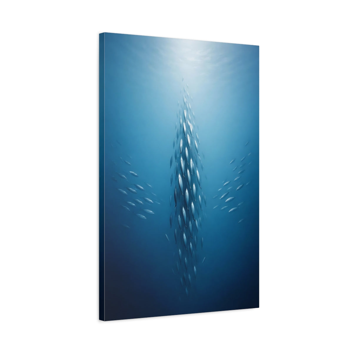 Side Mockup 2. Animals School Of Fish Blue Fish School shown as stretched canvas wall art