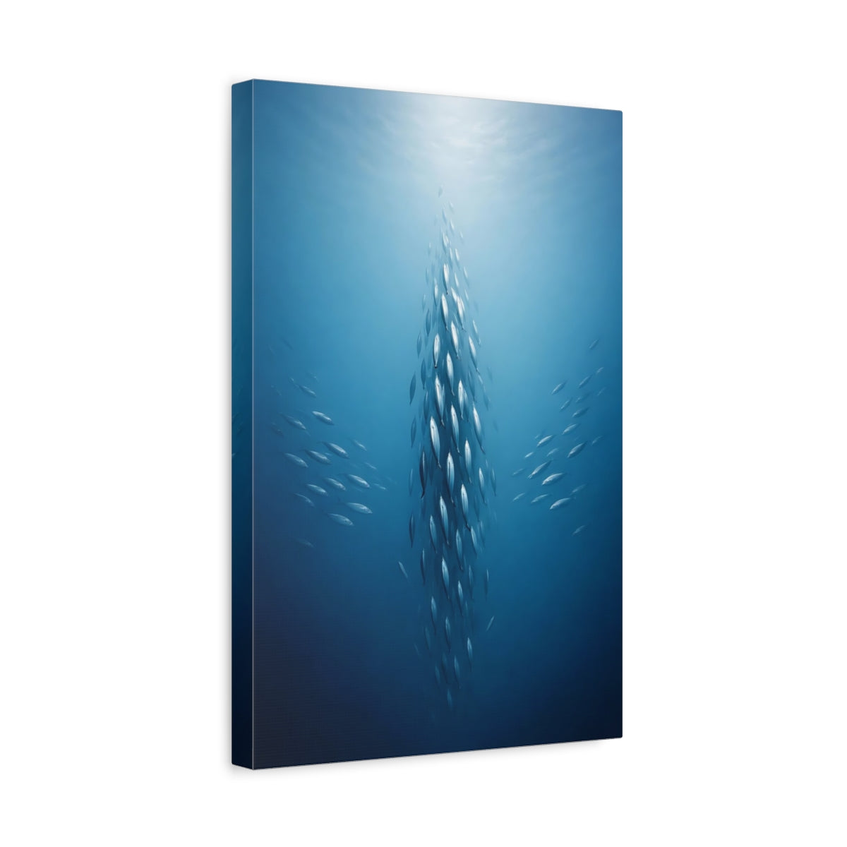 Side Mockup 4. Animals School Of Fish Blue Fish School shown as stretched canvas wall art