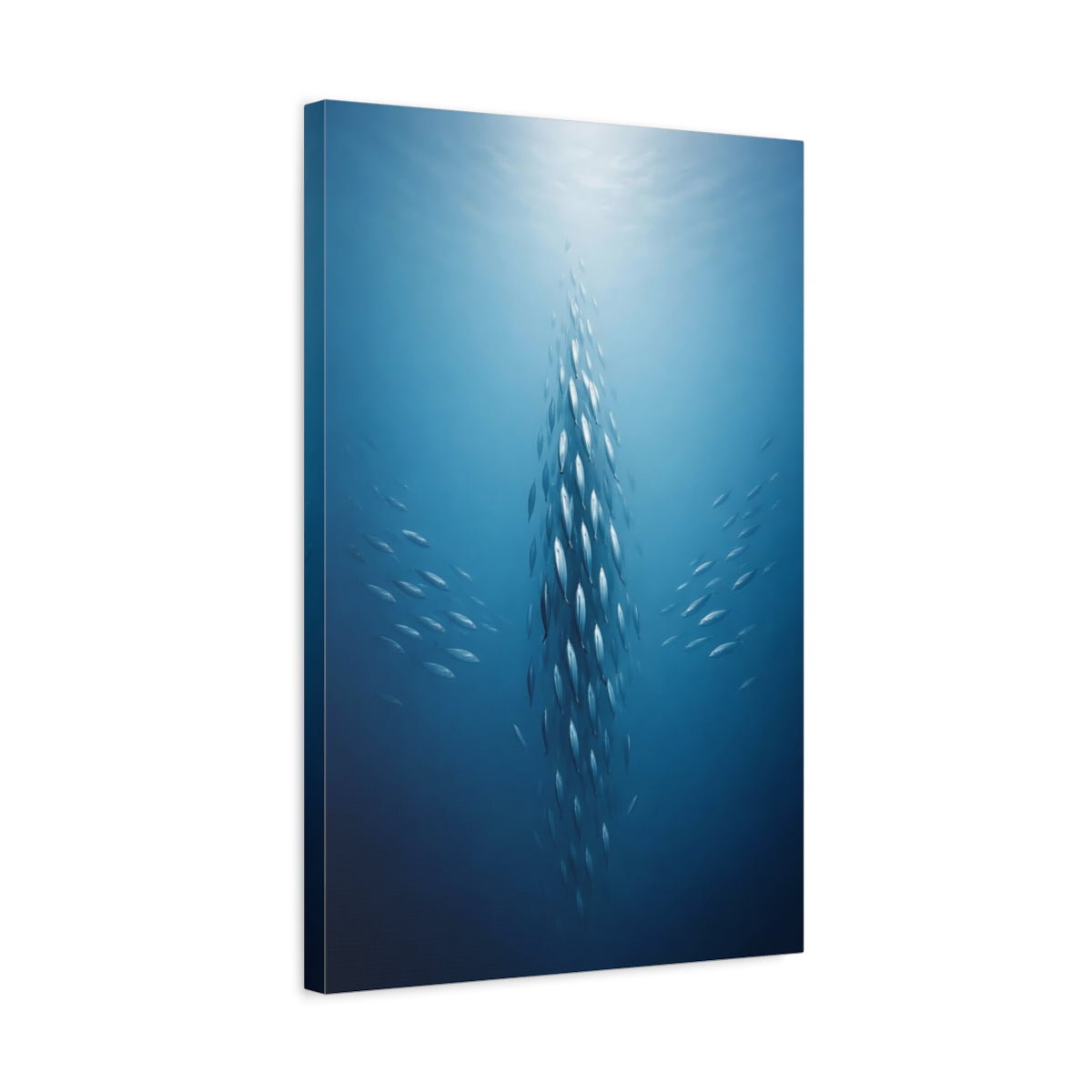 Side Mockup 3. Animals School Of Fish Blue Fish School shown as stretched canvas wall art