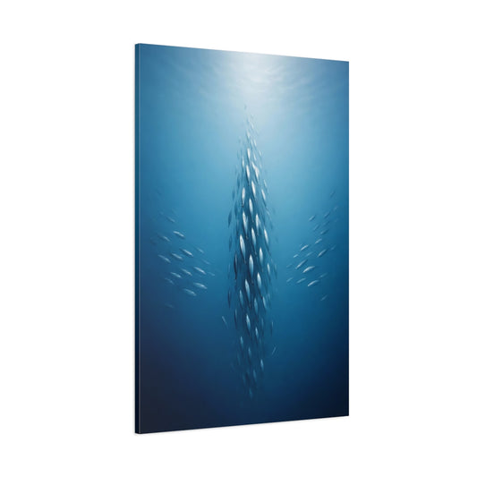 Main Mockup. Animals School Of Fish Blue Fish School shown as stretched canvas wall art