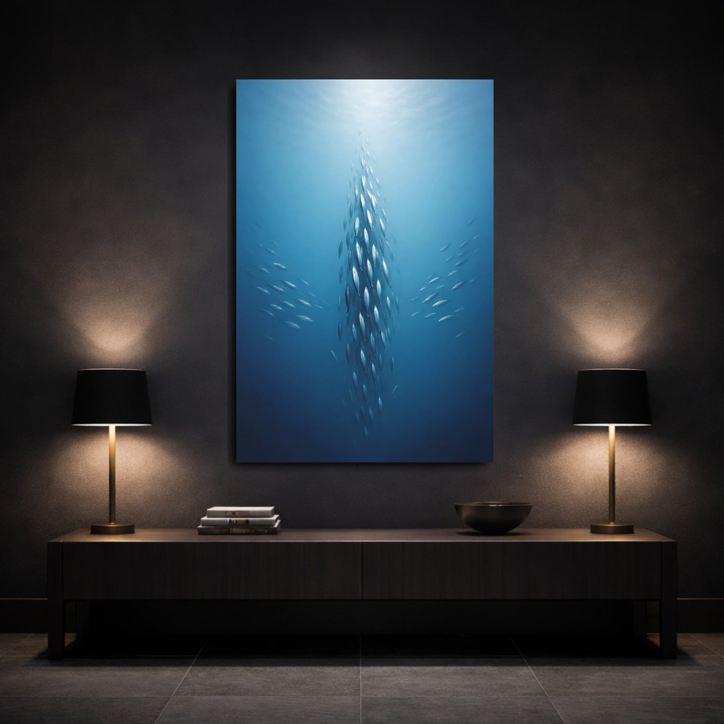 Mockup 2. Animals School Of Fish Blue Fish School shown as stretched canvas wall art