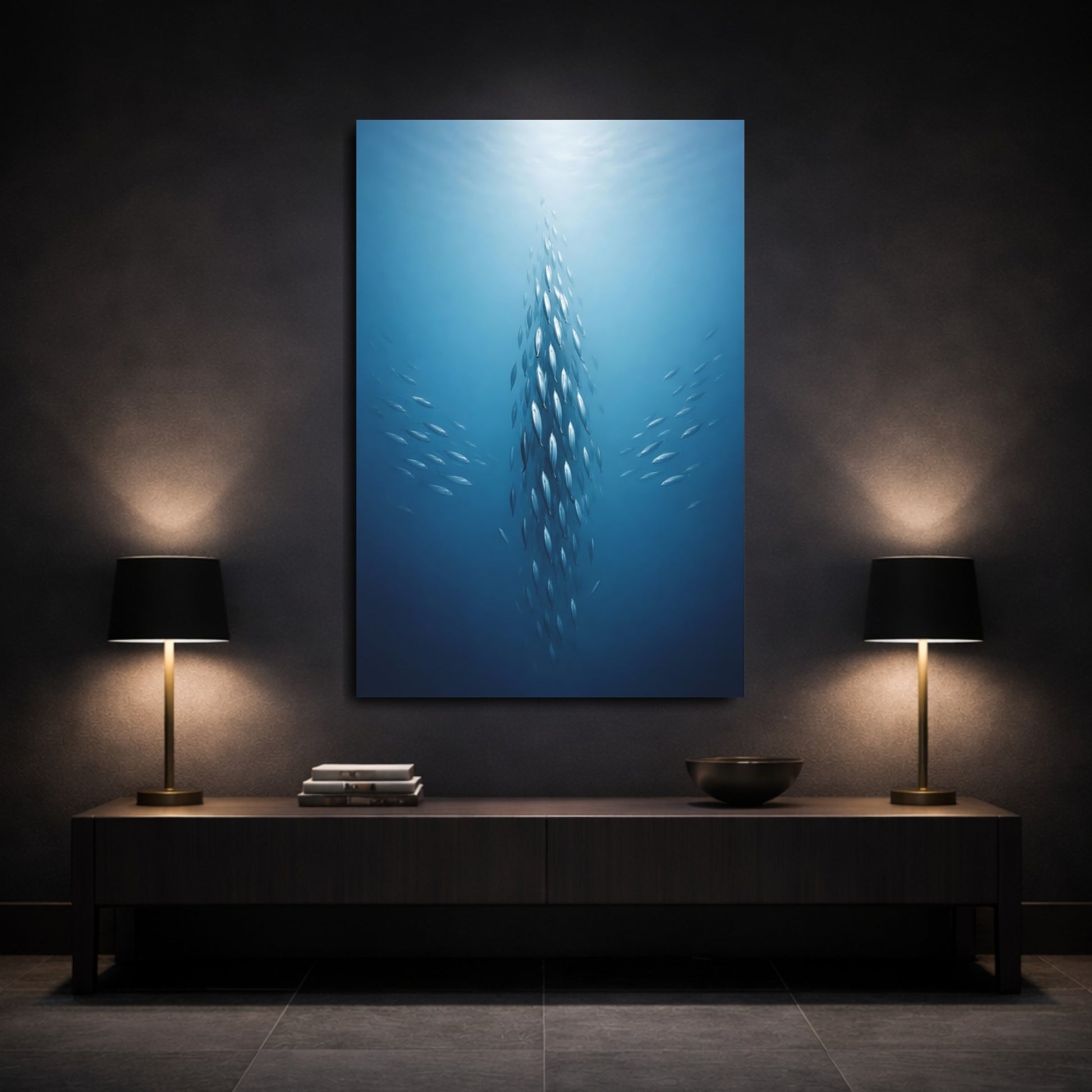 Mockup 2. Animals School Of Fish Blue Fish School shown as stretched canvas wall art