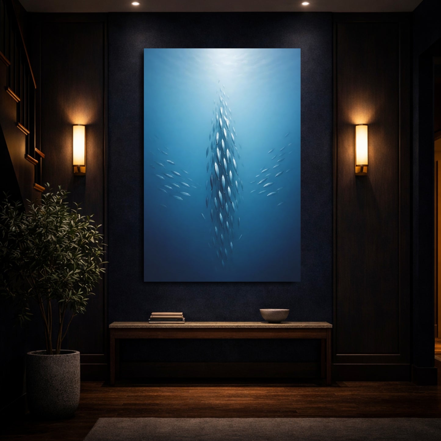 Mockup 3. Animals School Of Fish Blue Fish School shown as stretched canvas wall art