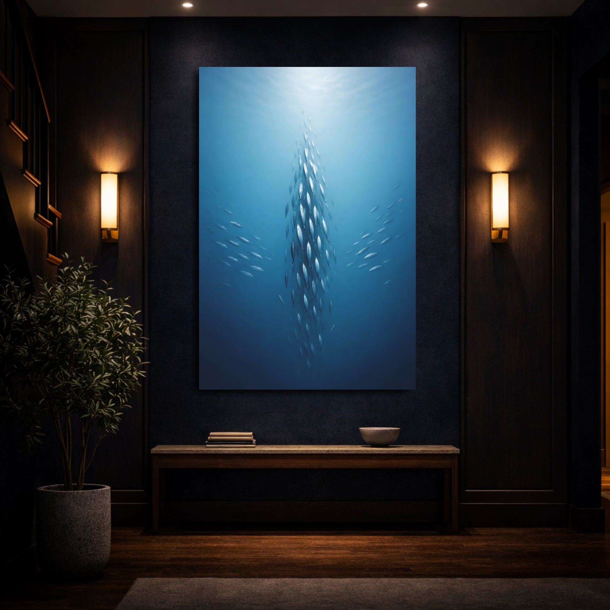 Mockup 3. Animals School Of Fish Blue Fish School shown as stretched canvas wall art