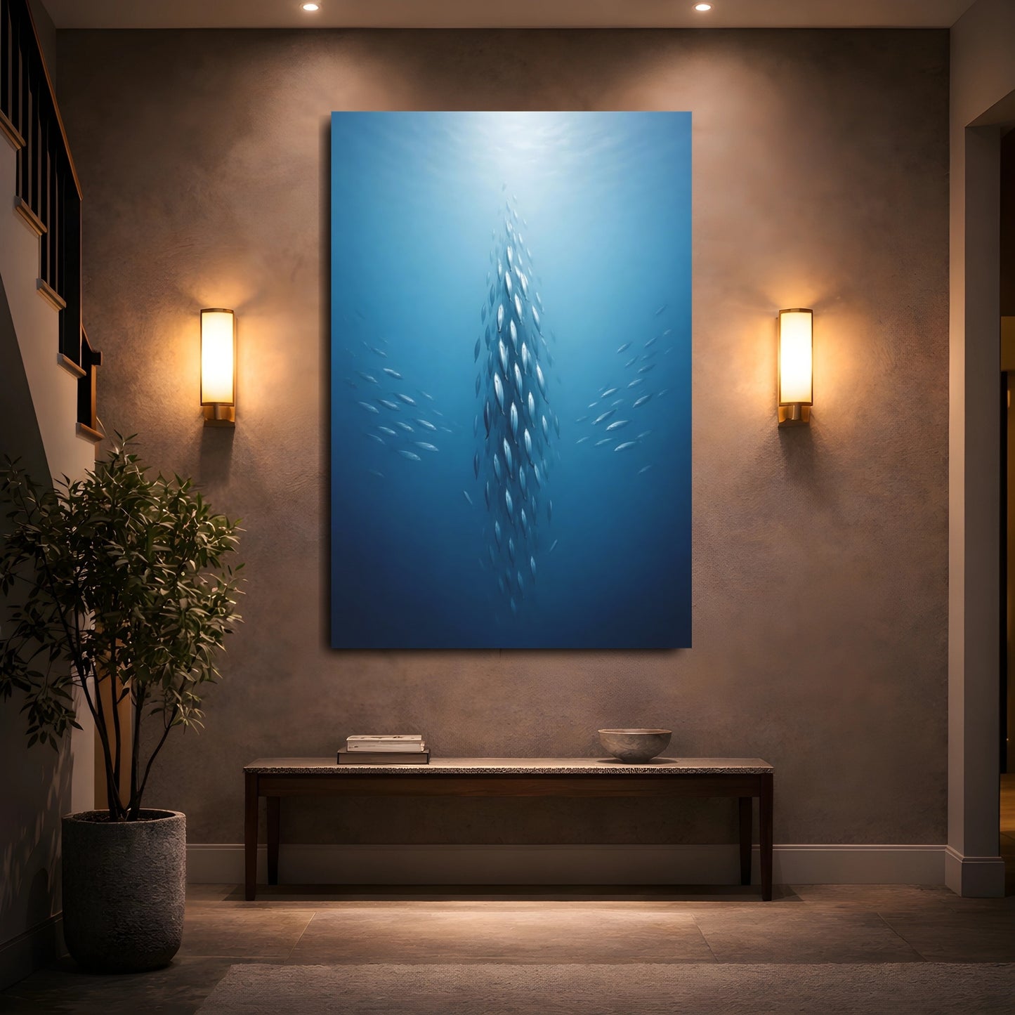 Mockup 4. Animals School Of Fish Blue Fish School shown as stretched canvas wall art