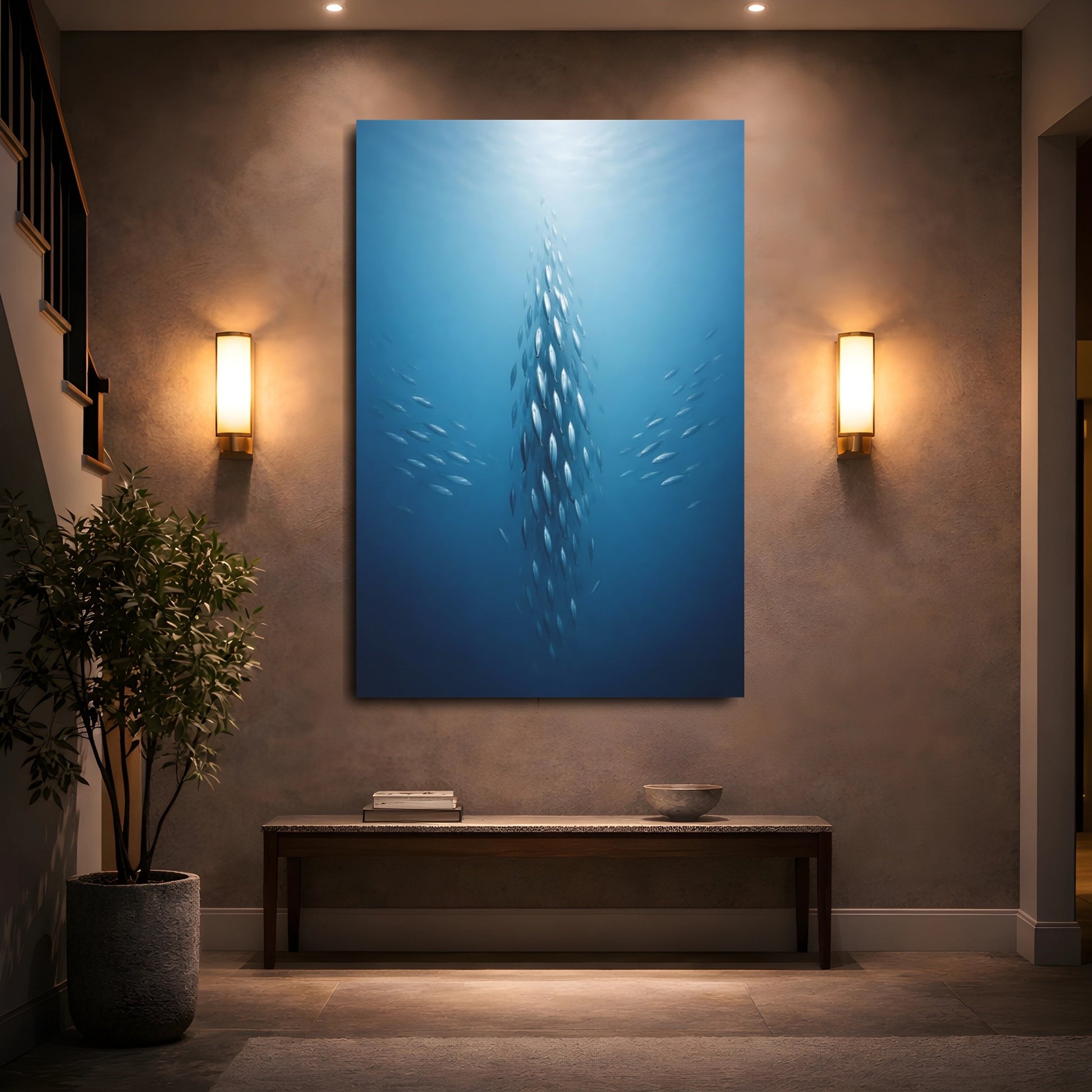 Mockup 4. Animals School Of Fish Blue Fish School shown as stretched canvas wall art
