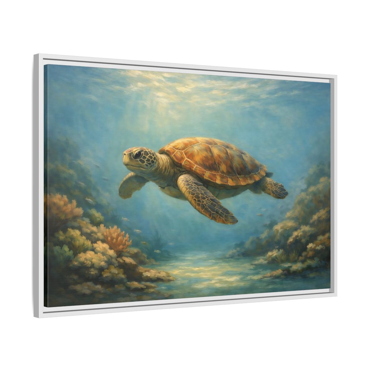Side Mockup 8. Animals Sea Turtle Blue And Brown Turtle shown as stretched canvas wall art