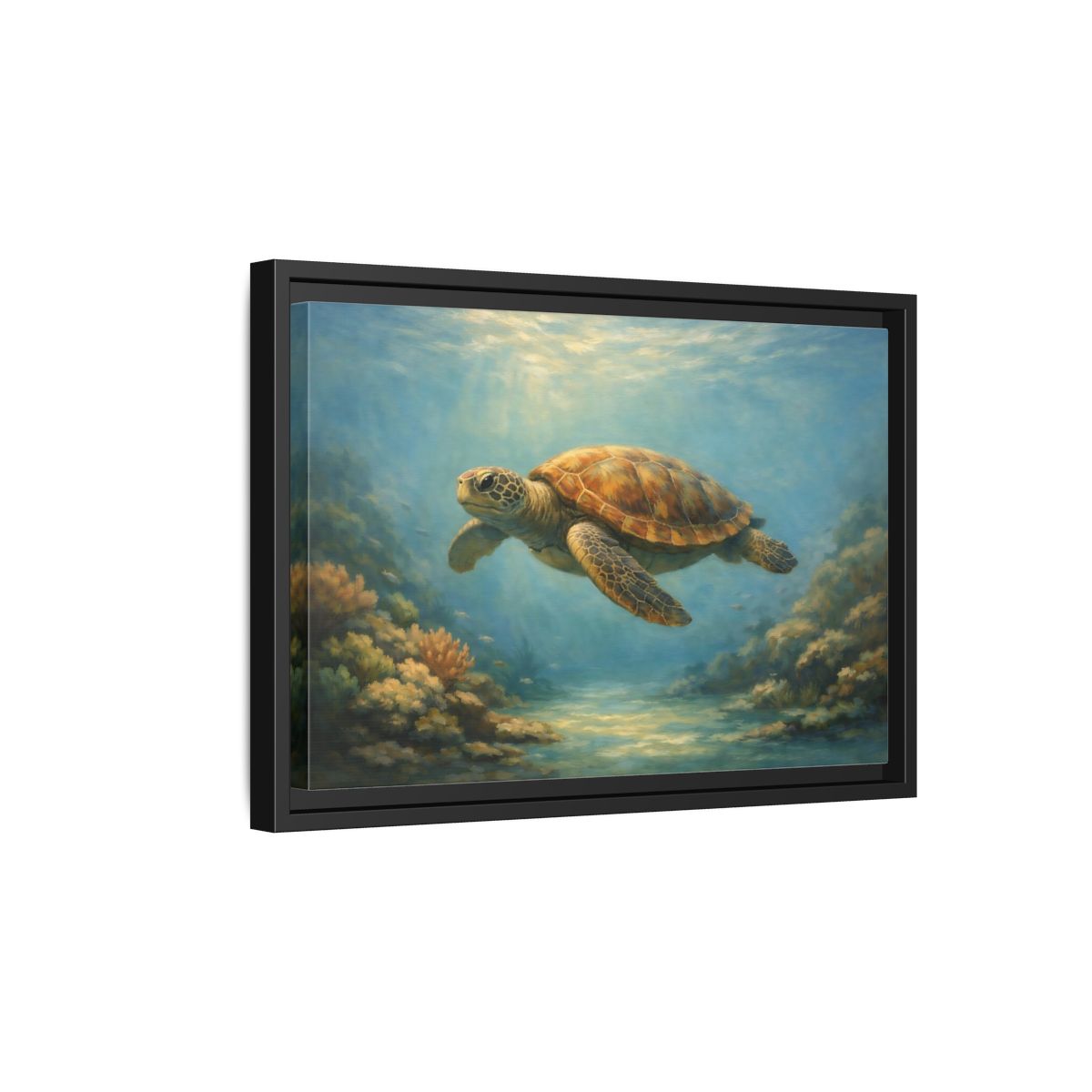 Side Mockup 6. Animals Sea Turtle Blue And Brown Turtle shown as stretched canvas wall art