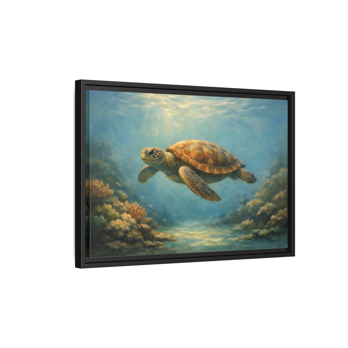 Side Mockup 3. Animals Sea Turtle Blue And Brown Turtle shown as stretched canvas wall art