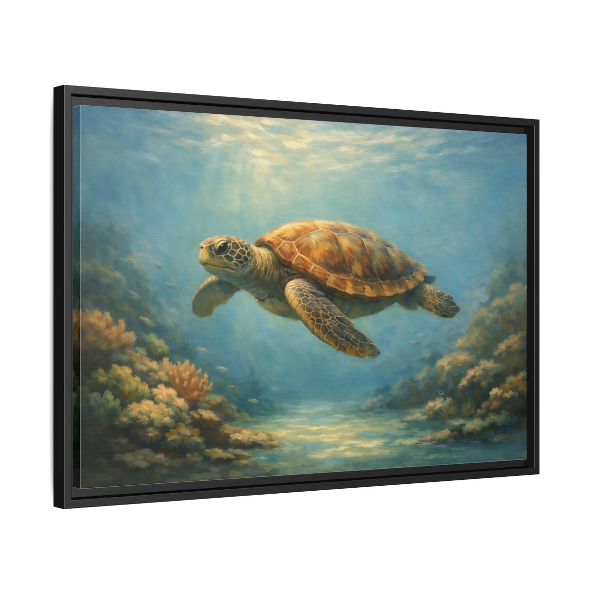 Side Mockup 14. Animals Sea Turtle Blue And Brown Turtle shown as stretched canvas wall art