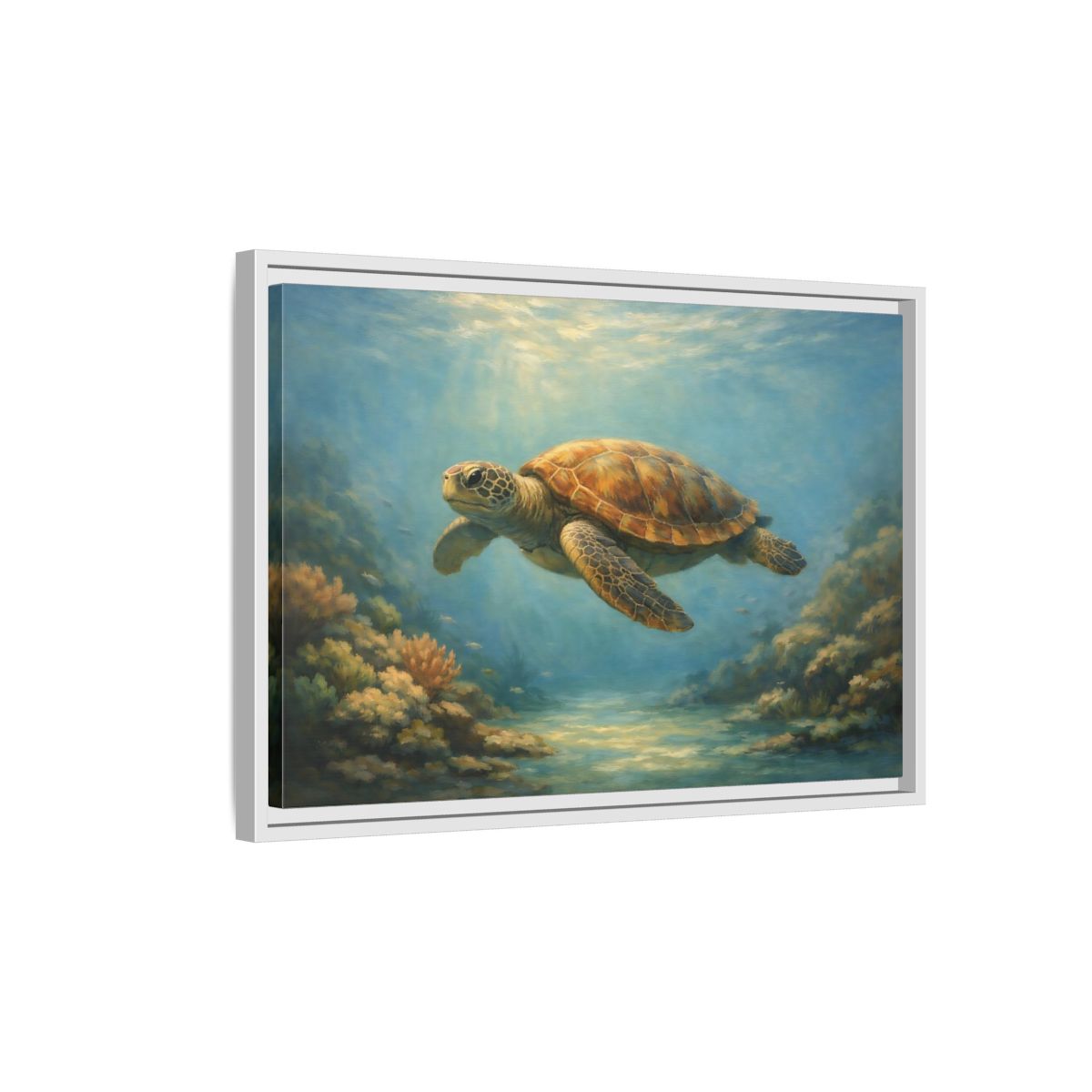Side Mockup 1. Animals Sea Turtle Blue And Brown Turtle shown as stretched canvas wall art
