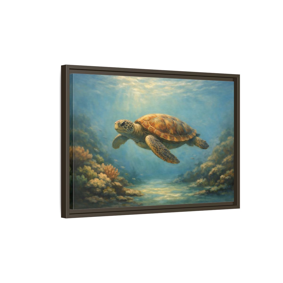 Side Mockup 2. Animals Sea Turtle Blue And Brown Turtle shown as stretched canvas wall art