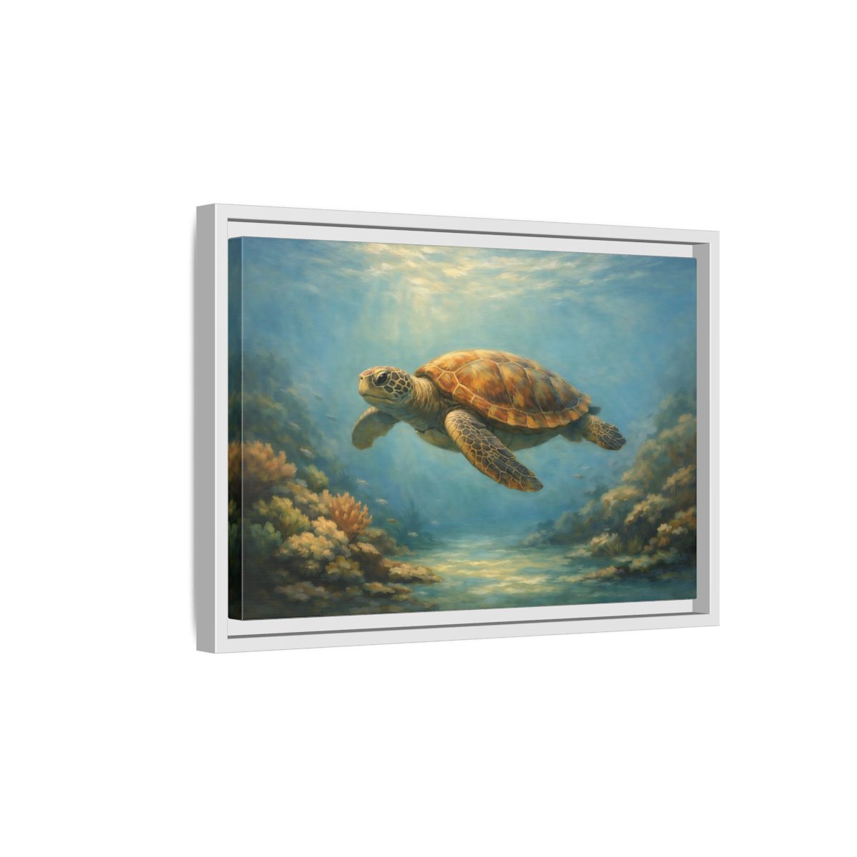 Side Mockup 4. Animals Sea Turtle Blue And Brown Turtle shown as stretched canvas wall art