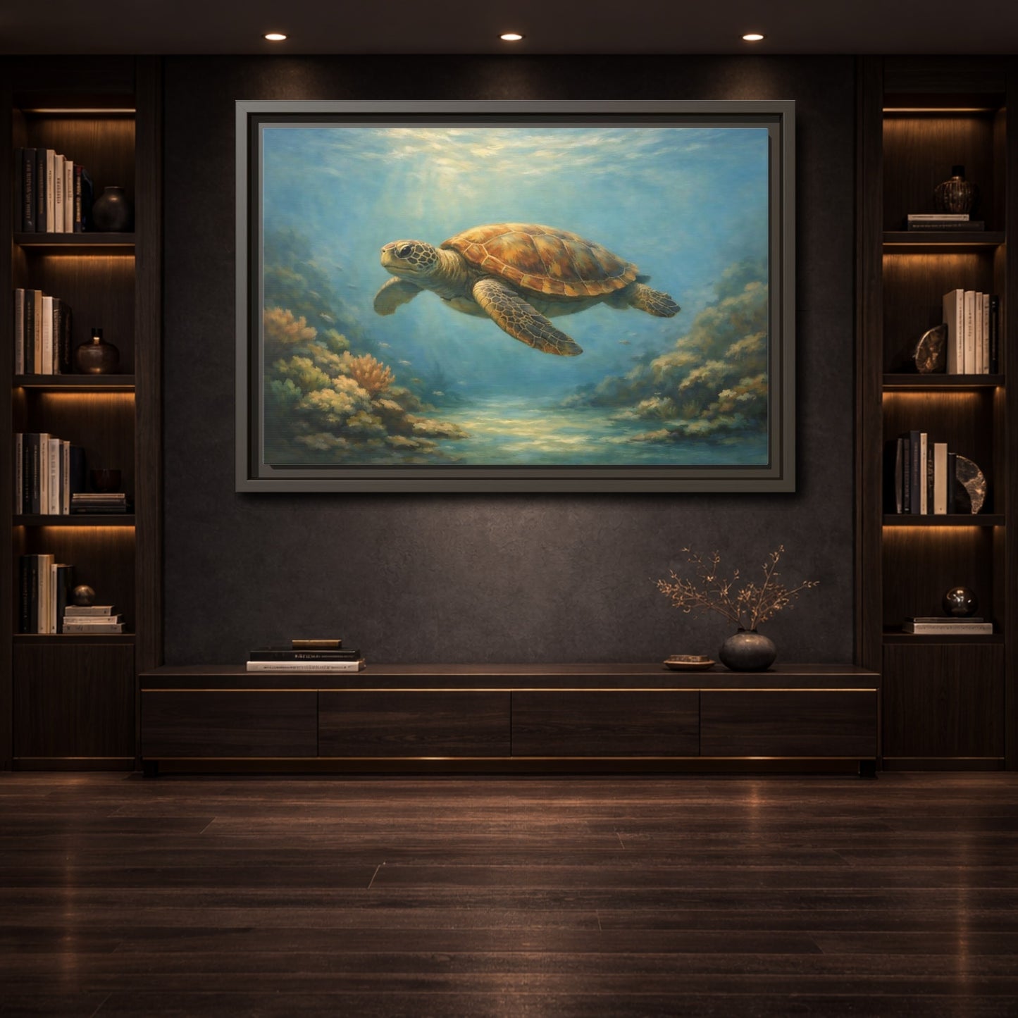 Mockup 3. Animals Sea Turtle Blue And Brown Turtle shown as stretched canvas wall art
