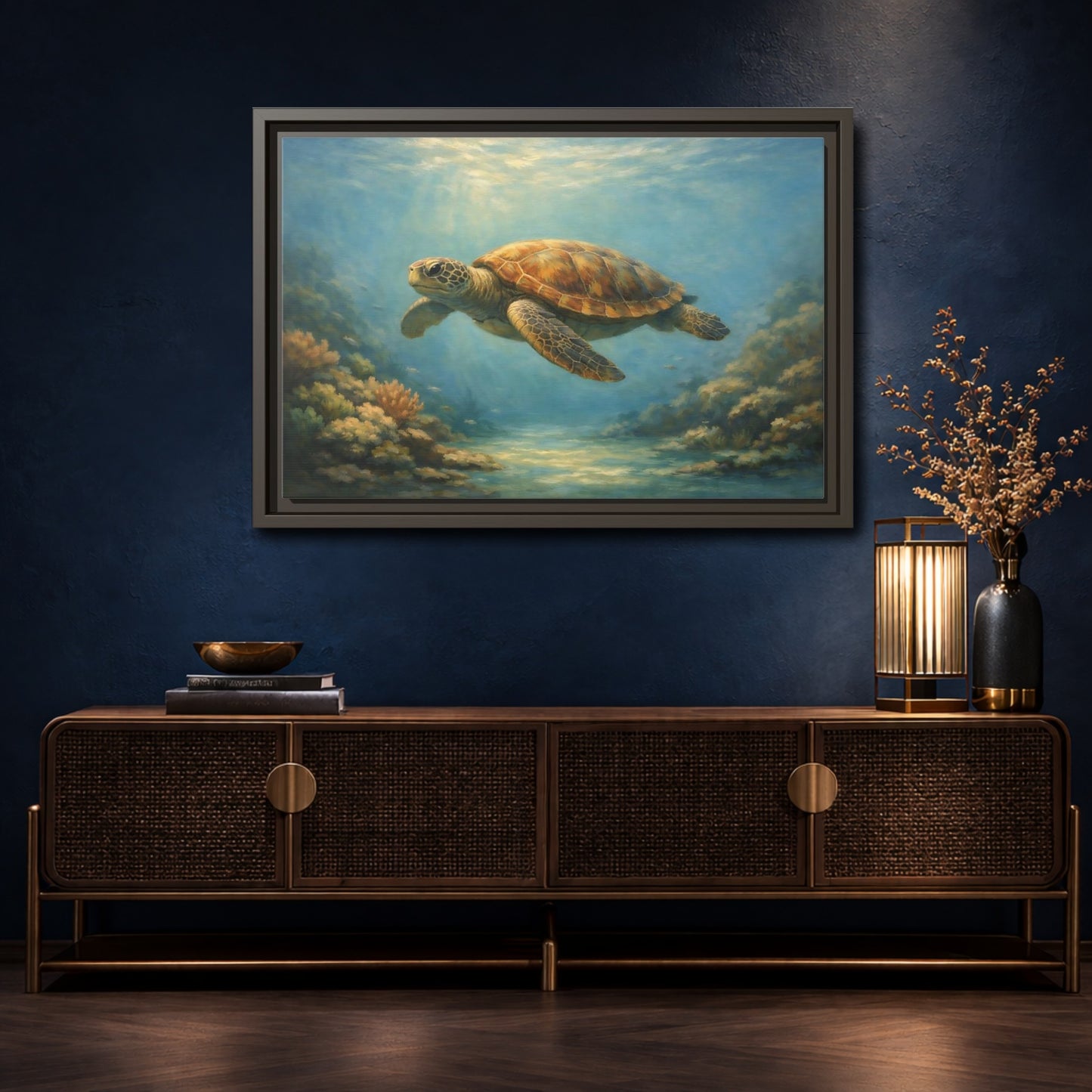 Mockup 4. Animals Sea Turtle Blue And Brown Turtle shown as stretched canvas wall art