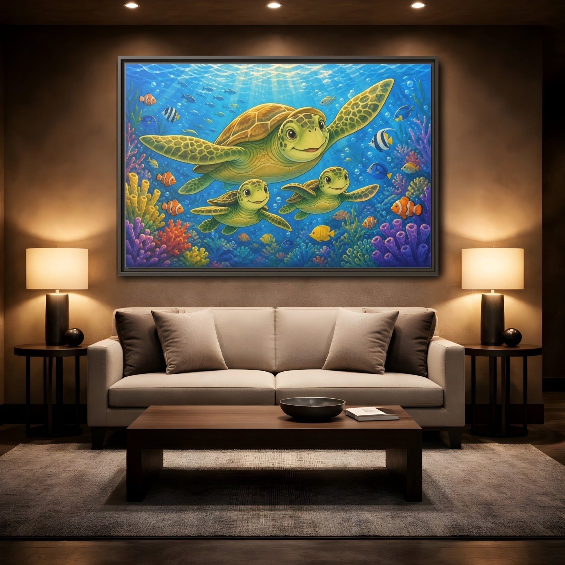 Animals Sea Turtles Blue Ocean Framed Canvas Wall Art Print – Cartoon Kids Room, - YesArtYes