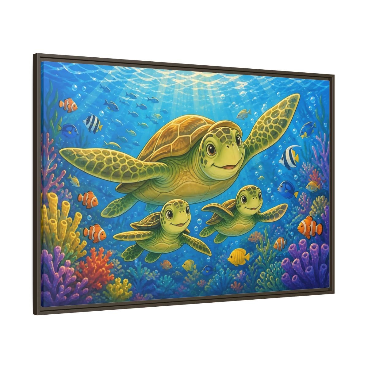 Animals Sea Turtles Blue Ocean Framed Canvas Wall Art Print – Cartoon Kids Room, - YesArtYes