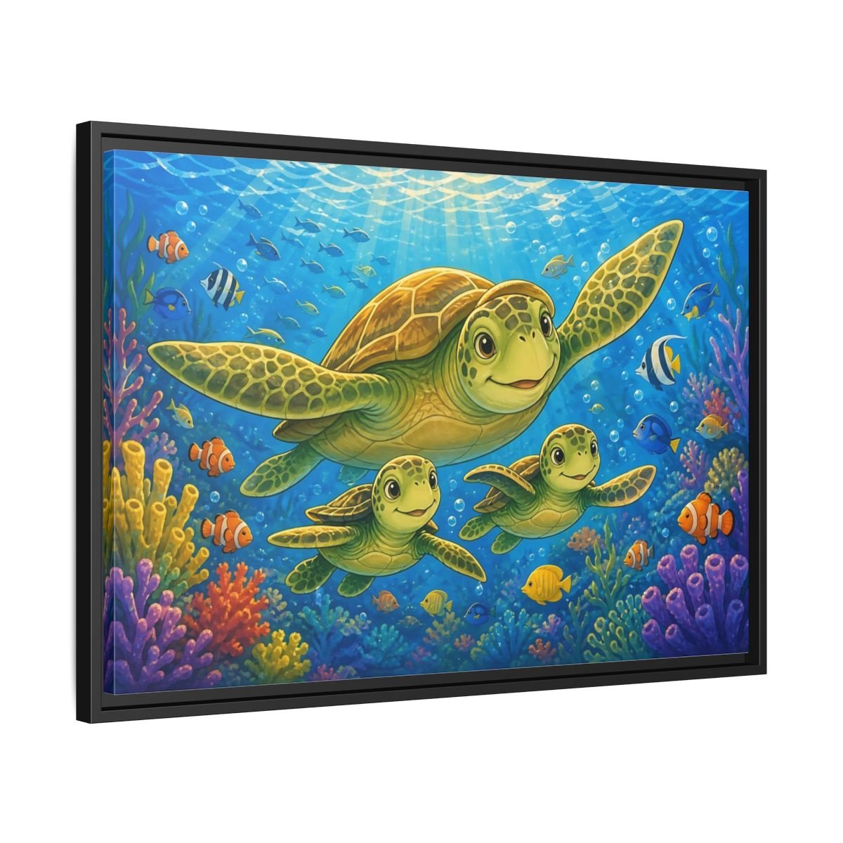 Animals Sea Turtles Blue Ocean Framed Canvas Wall Art Print – Cartoon Kids Room, - YesArtYes