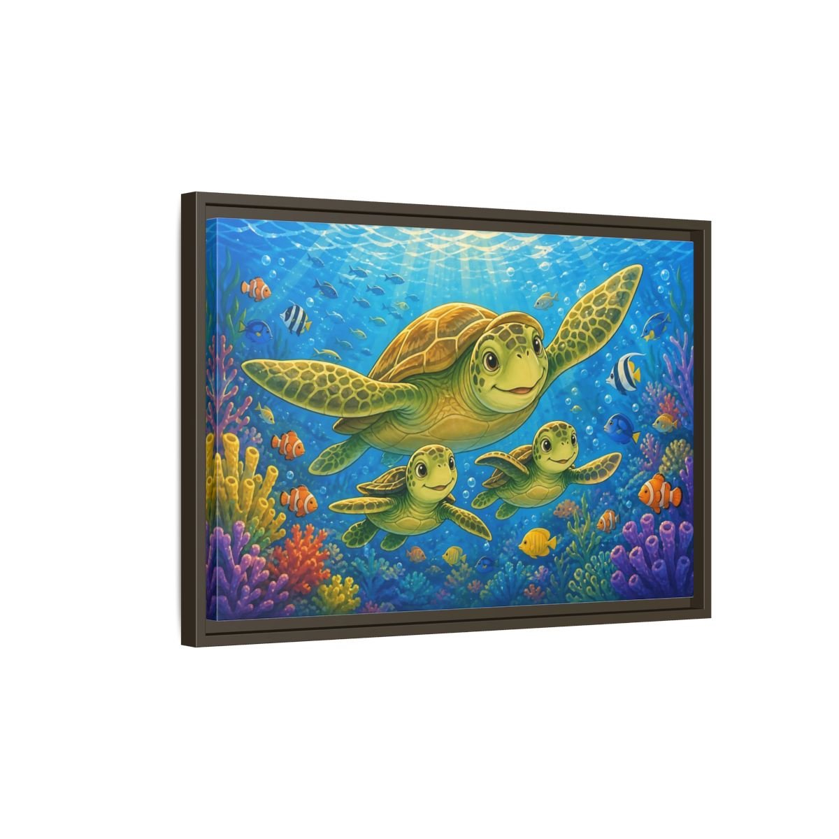 Animals Sea Turtles Blue Ocean Framed Canvas Wall Art Print – Cartoon Kids Room, - YesArtYes