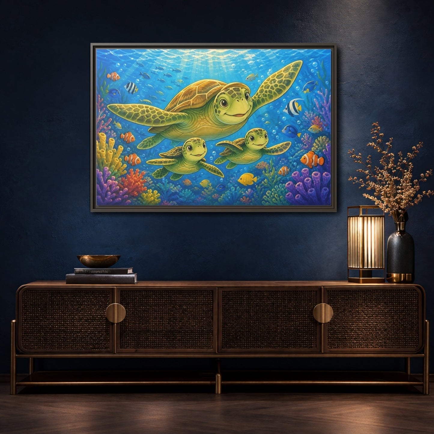 Animals Sea Turtles Blue Ocean Framed Canvas Wall Art Print – Cartoon Kids Room, - YesArtYes