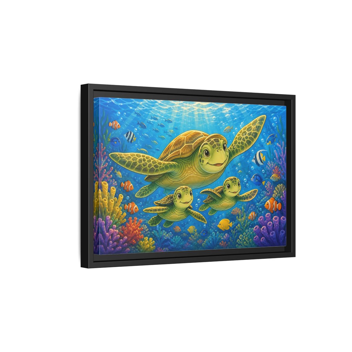 Side Mockup 6. Animals Sea Turtles Blue Ocean Turtles shown as stretched canvas wall art