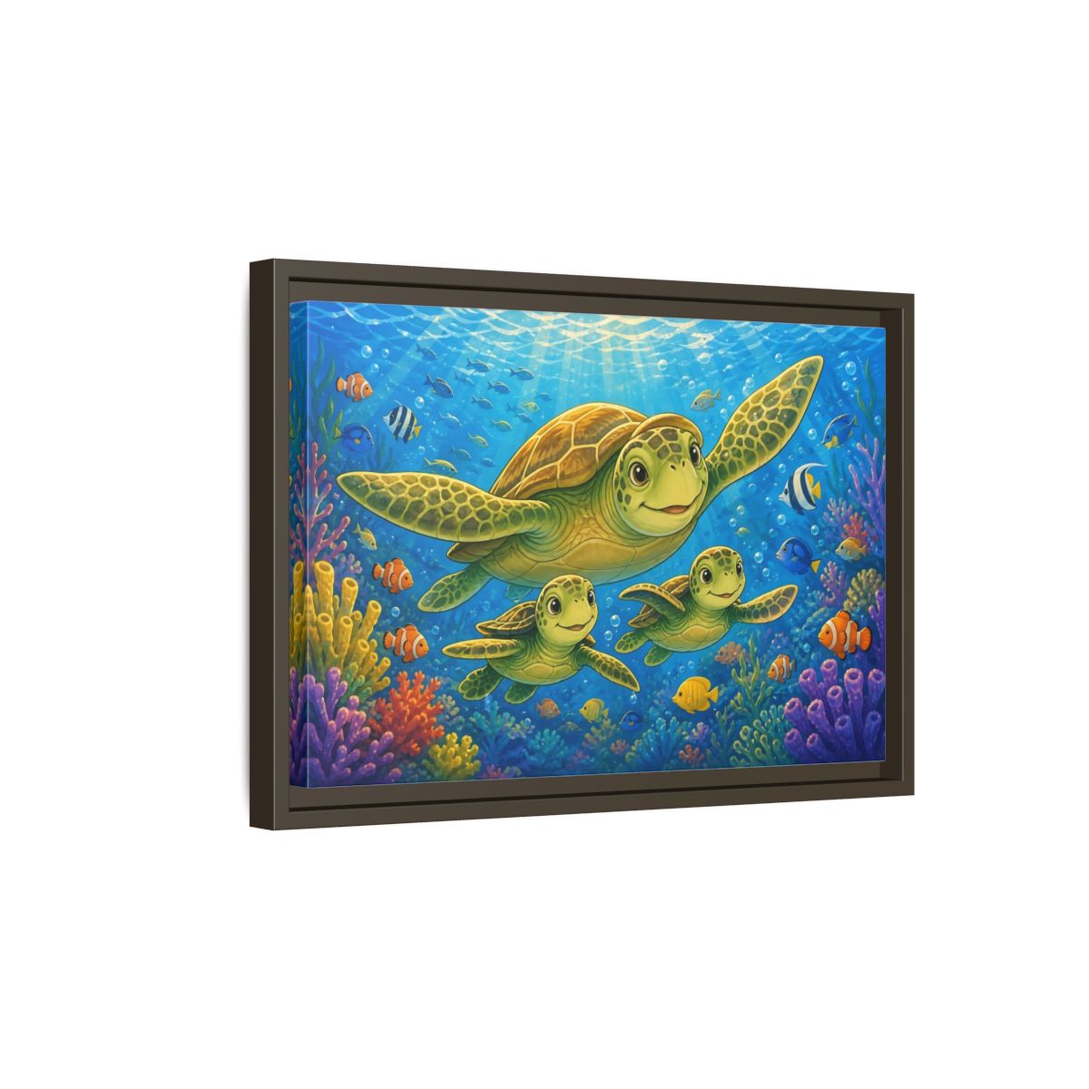 Side Mockup 5. Animals Sea Turtles Blue Ocean Turtles shown as stretched canvas wall art