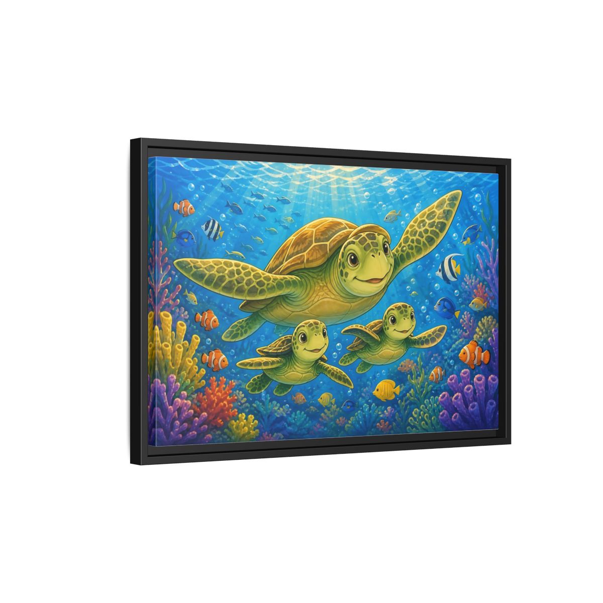 Side Mockup 3. Animals Sea Turtles Blue Ocean Turtles shown as stretched canvas wall art