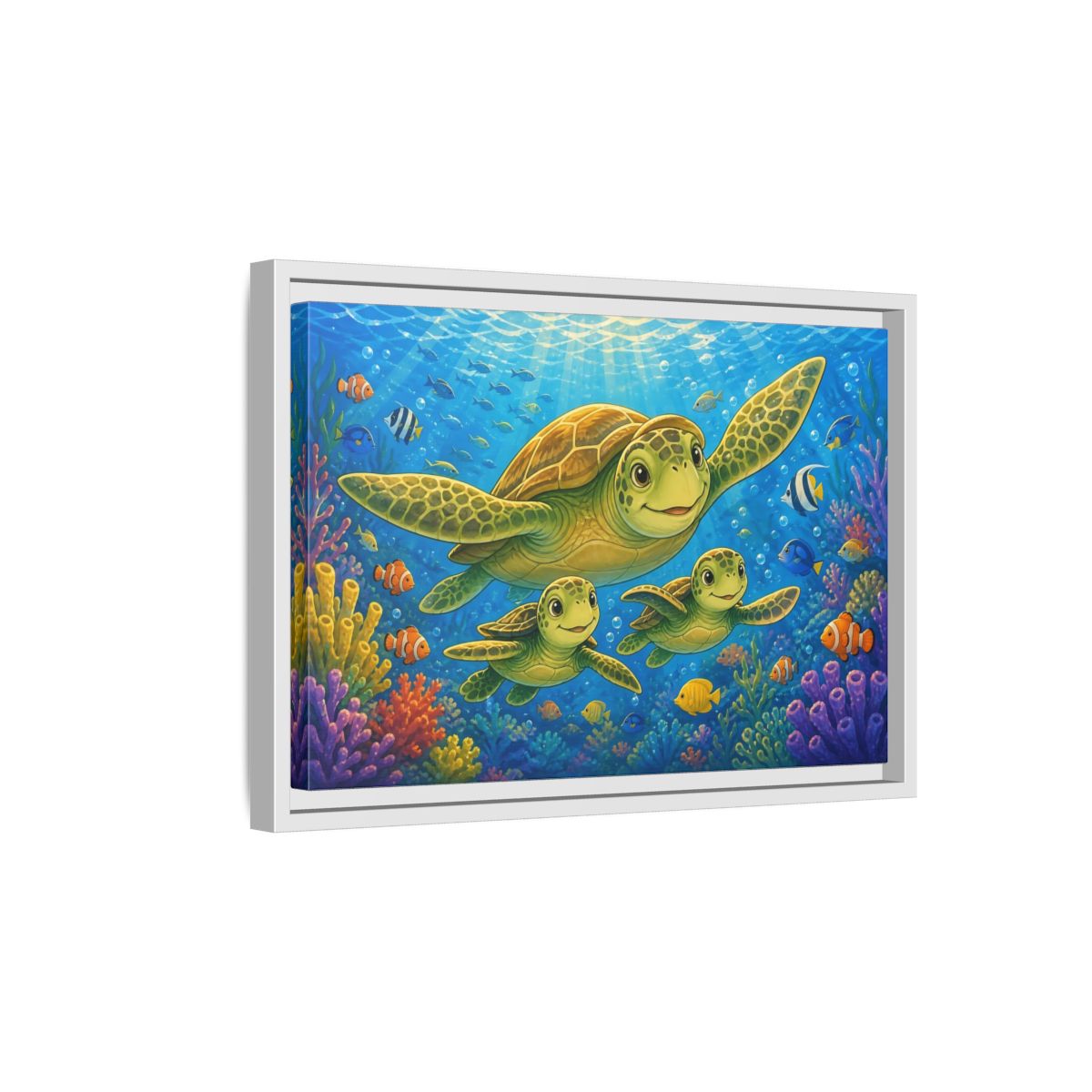 Side Mockup 4. Animals Sea Turtles Blue Ocean Turtles shown as stretched canvas wall art