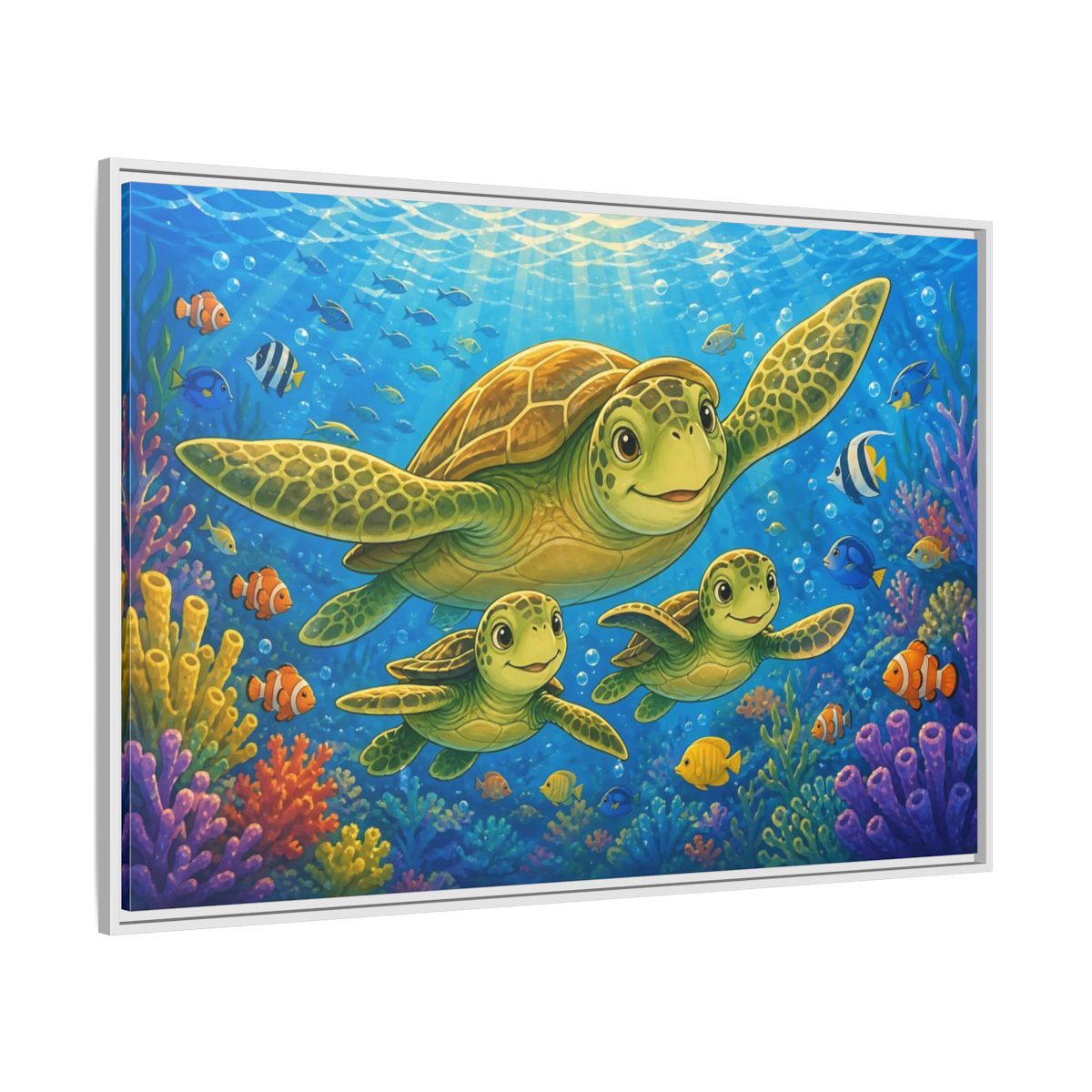 Side Mockup 7. Animals Sea Turtles Blue Ocean Turtles shown as stretched canvas wall art
