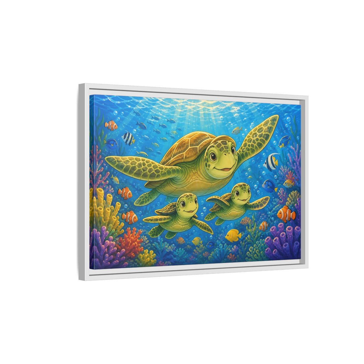 Side Mockup 1. Animals Sea Turtles Blue Ocean Turtles shown as stretched canvas wall art