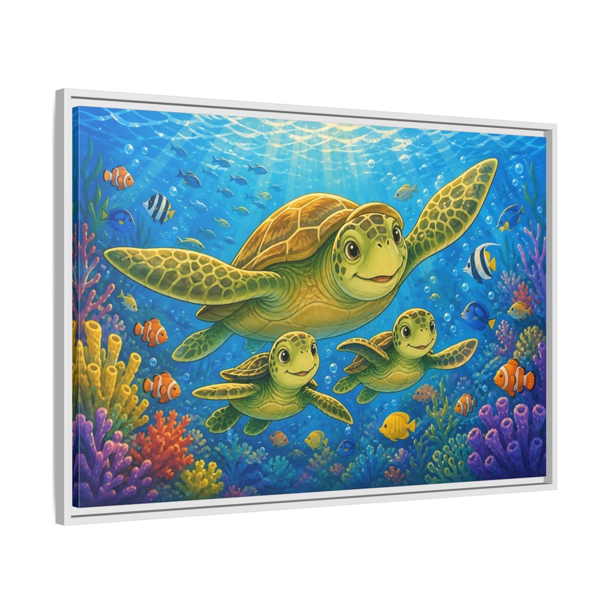 Side Mockup 9. Animals Sea Turtles Blue Ocean Turtles shown as stretched canvas wall art
